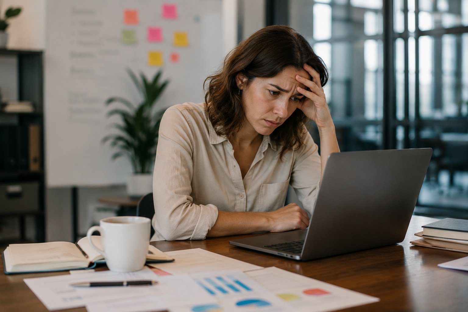 Dirigeante absorbée par la charge mentale devant son ordinateur